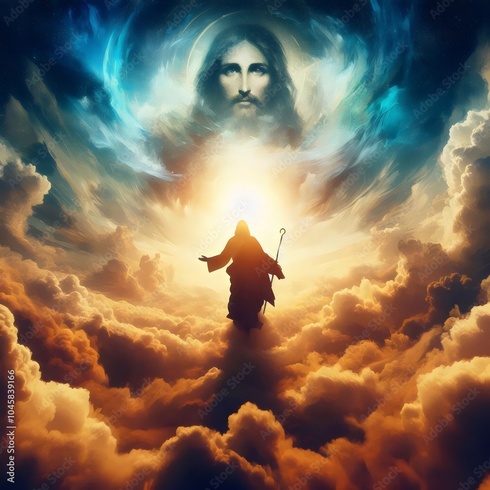 Person moving to the sky, clouds and heaven with Jesus Christ Person moving to the sky, clouds and heaven with Jesus Christ