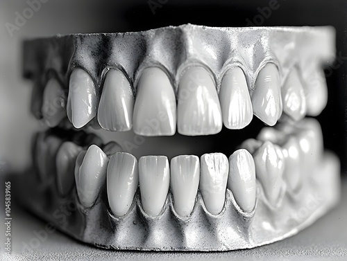 A detailed view of a dental model showcasing a set of bright, white teeth. The model emphasizes the alignment and aesthetics of a perfect smile. photo