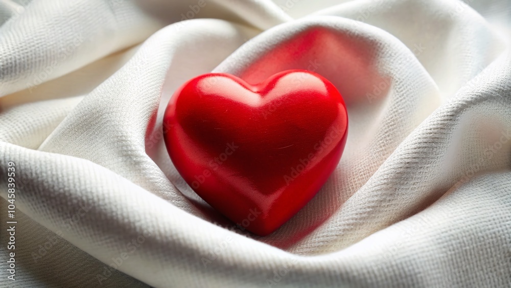 Fototapeta premium Red Heart on White Fabric - Romantic and Elegant Candid Photography for Valentine's Day and Love Themes