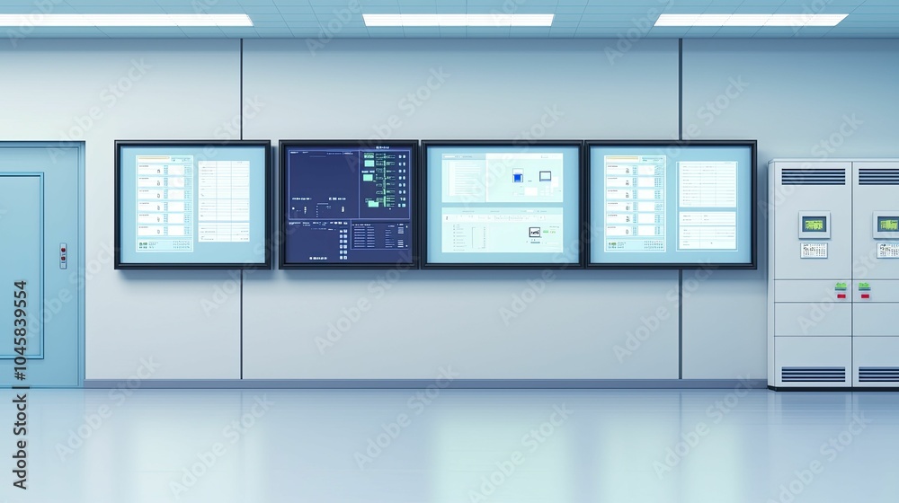 Access control room with screens showing entry logs and camera views, functioning factory, animated in a vibrant 3D style. Access control room with screens showing entry logs and camera views, functioning factory, animated in a vibrant 3D style.