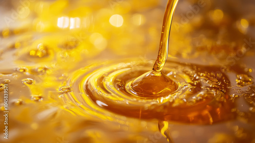 Golden syrup pours smoothly, creating swirls and droplets. Its rich, yellow color is like liquid gold. photo