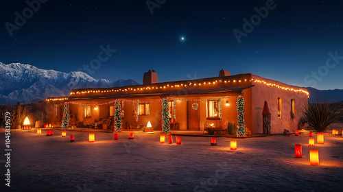 Festive Adobe House with Desert Christmas Lanterns and Starry Sky. A charming adobe house illuminated by Christmas lights and glowing lanterns under the desert stars. photo