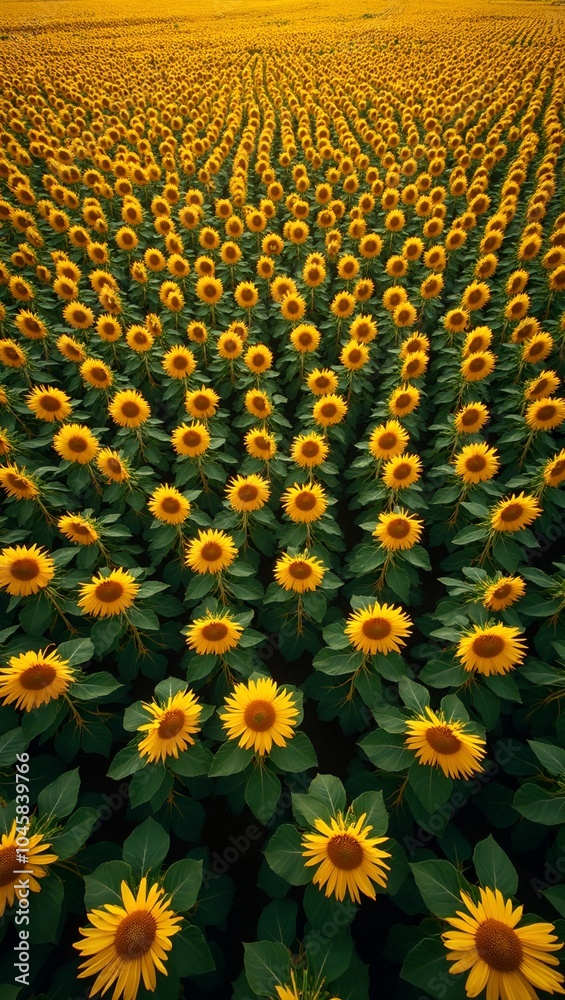 Vibrant sunflower field in full bloom rows of bright yellow flowers against lush green foliage Vibrant sunflower field in full bloom rows of bright yellow flowers against lush green foliage