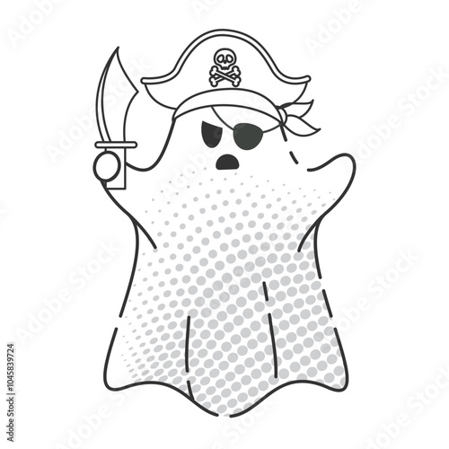 Pirate cartoon ghost with eyepatch and sword, halftone, Vector