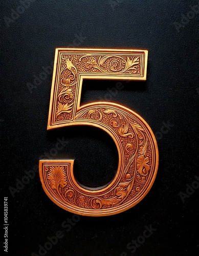 five 5 number handmade hand carved woodwork wood  isolated design black background integer decimal numeral character