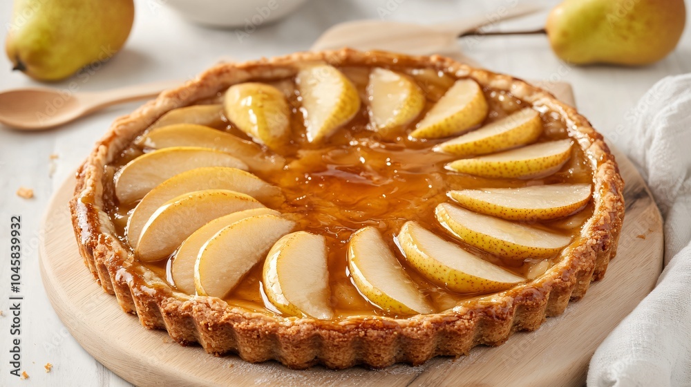 Rustic pear and honey tart, placed on a light wooden board, garnished with fresh pear slices and a drizzle of honey Rustic pear and honey tart, placed on a light wooden board, garnished with fresh pear slices and a drizzle of honey