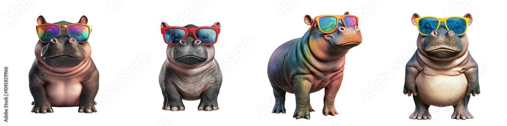 Colorful hippos wearing sunglasses, posing playfully against a white background. Colorful hippos wearing sunglasses, posing playfully against a white background.