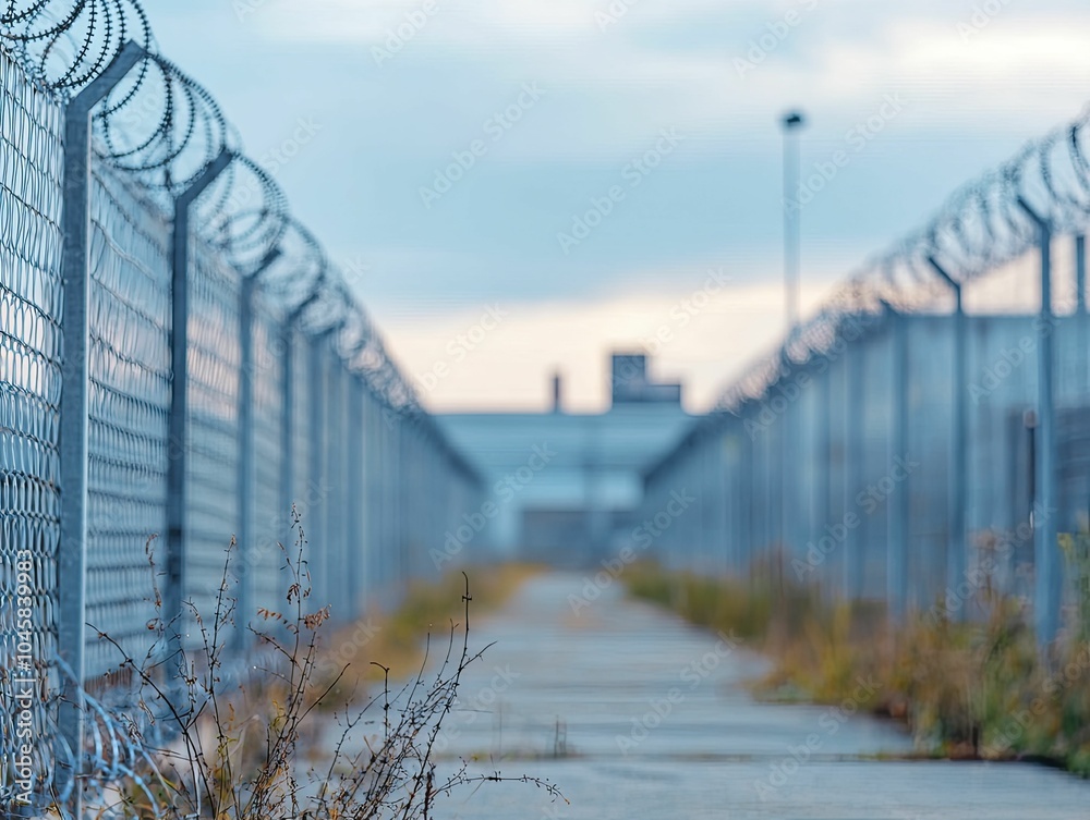 Fototapeta premium Factory perimeter security features an expansive view of a factory surrounded by security barriers, expansive composition, industrial background, muted colors