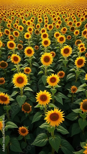 Vibrant sunflower field in full bloom rows of bright yellow flowers against lush green foliage