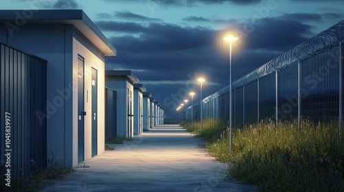Factory perimeter security presents a nighttime scene with illuminated pathways and guard stations, vigilant theme, serene mood, dramatic lighting
