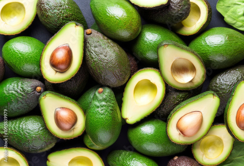 Viele halbierte und ganze Avocados auf dunklem Hintergrund, die frischen Kerne und das grüne Fruchtfleisch kontrastreich dargestellt. Generative KI photo