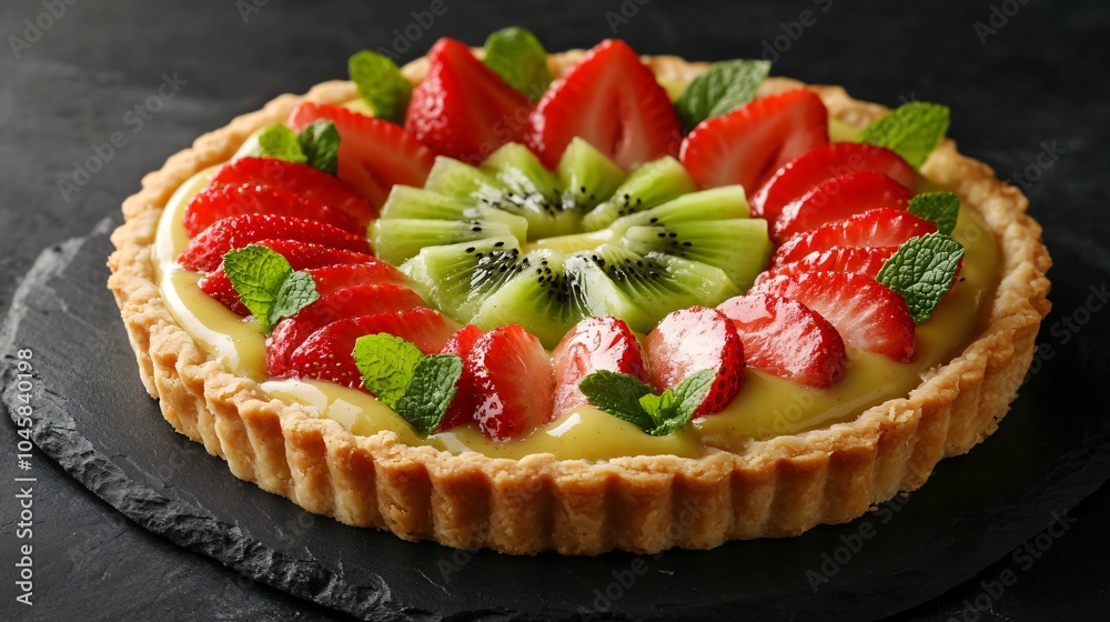 Strawberry and kiwi tart with custard filling, isolated on a black slate background, decorated with fresh mint leaves and sliced strawberries Strawberry and kiwi tart with custard filling, isolated on a black slate background, decorated with fresh mint leaves and sliced strawberries