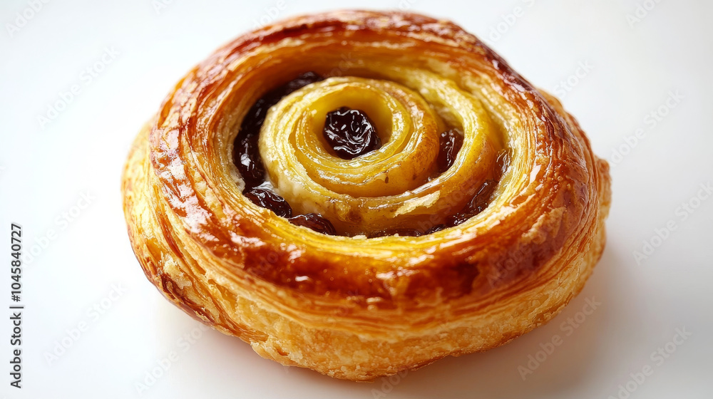 A close-up of a raisin Danish pastry, or a swirl of raisin bread with custard, or escargots, all on a plain white background. A close-up of a raisin Danish pastry, or a swirl of raisin bread with custard, or escargots, all on a plain white background.
