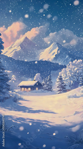 A snow-covered mountain in winter, featuring a small wooden cabin with warm lights, surrounded by beautiful snowy trees, all depicted in an anime style.