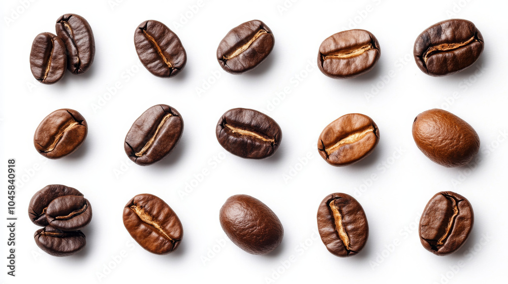A collection of roasted coffee beans arranged in different ways on a white background. This image can be used as a template for showcasing designs or artwork. A collection of roasted coffee beans arranged in different ways on a white background. This image can be used as a template for showcasing designs or artwork.