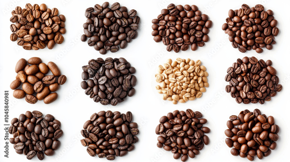 A collection of roasted coffee beans arranged in different ways on a white background. This image can be used as a template for showcasing designs or artwork. A collection of roasted coffee beans arranged in different ways on a white background. This image can be used as a template for showcasing designs or artwork.