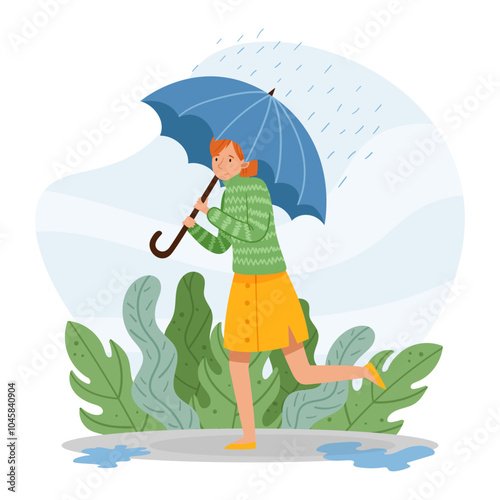 Woman Character with Umbrella Walking Outdoor at Rainy Day Vector Illustration