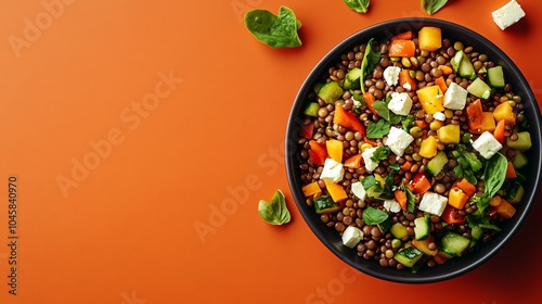 Lentil Salad with Feta and Vegetables on an Orange Background