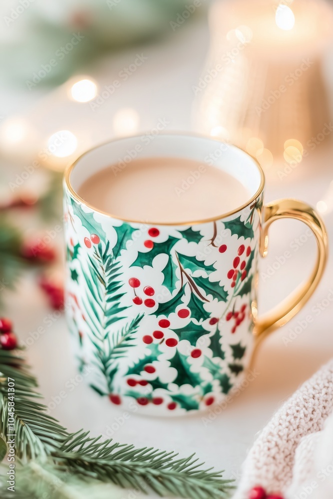 ceramic holiday mug with festive green fir branch and red berry patterns, featuring gold handles filled with lattee art coffee, cosy warm vibes
