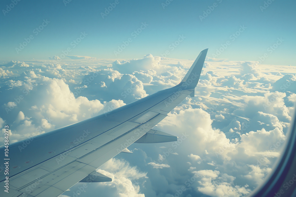 The airplane wing extends into the sky, with bright sunlight illuminating a sea of fluffy white clouds below. The serene atmosphere captures the essence of peaceful travel at high altitude The airplane wing extends into the sky, with bright sunlight illuminating a sea of fluffy white clouds below. The serene atmosphere captures the essence of peaceful travel at high altitude