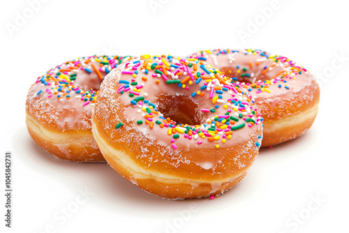 Three delicious donuts sit on a white background, featuring pink frosting adorned with colorful sprinkles, perfect for a sweet treat at any time