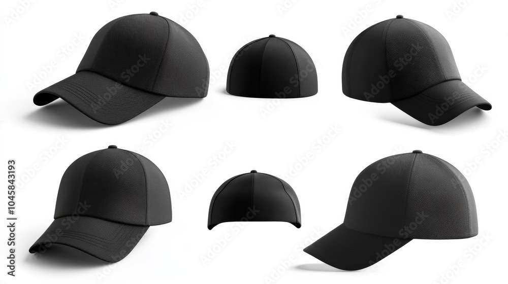 A black cap is shown from different angles, isolated on a white background. The images are 3D renderings. A black cap is shown from different angles, isolated on a white background. The images are 3D renderings.