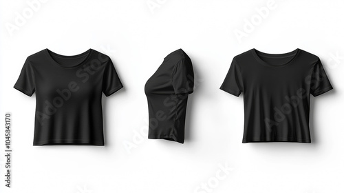 A black t-shirt with a cropped midriff is shown from the front, back, and sides on a white background. This is a template for designers to showcase their artwork or graphic designs.