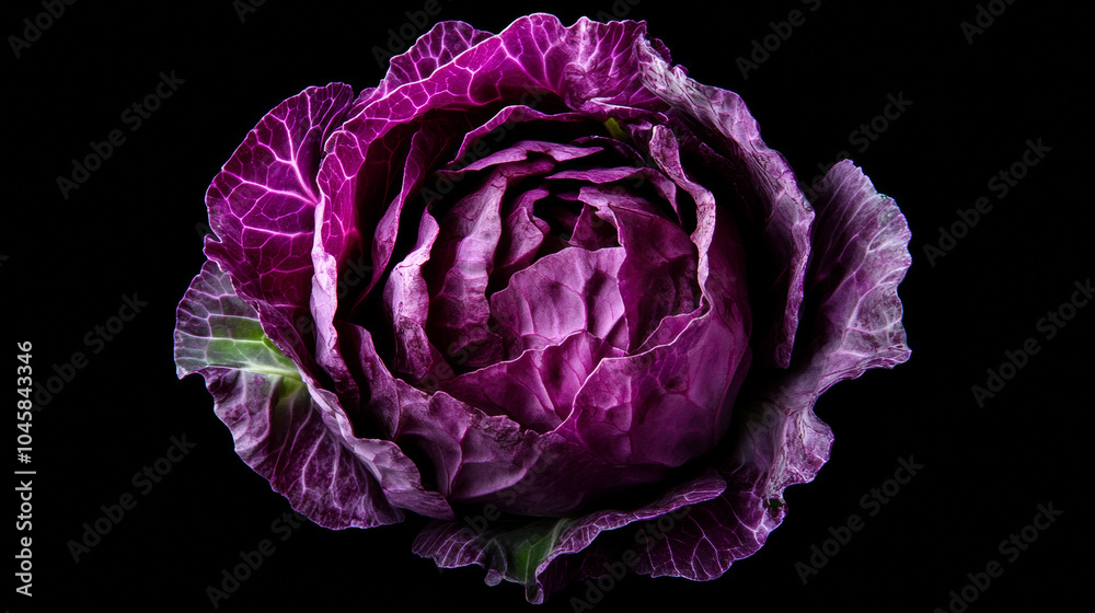 A close-up of a single red or purple cabbage, perfectly cut out against a black background. A close-up of a single red or purple cabbage, perfectly cut out against a black background.