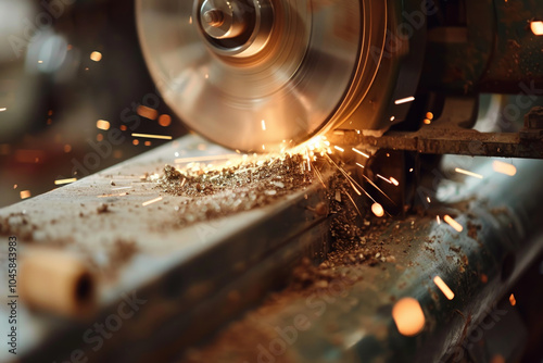 A skilled craftsman operates a cutting tool on a metal surface, producing bright sparks in a workshop illuminated by natural light photo