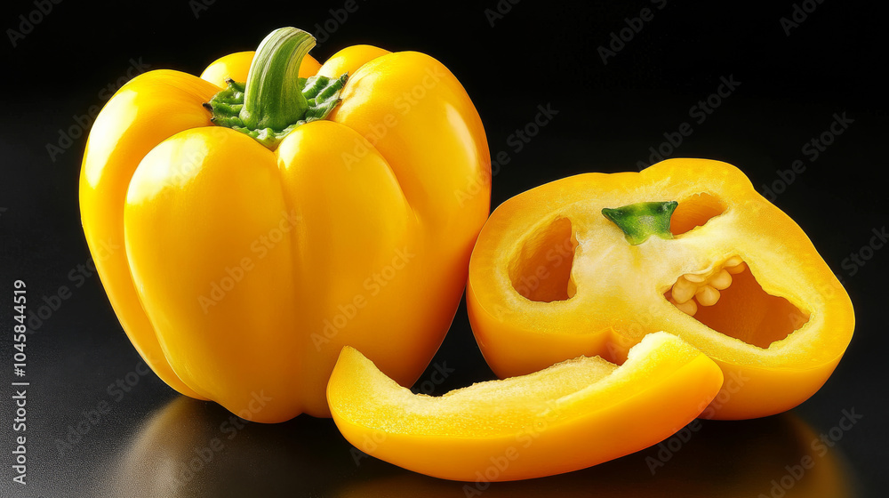A bright yellow bell pepper is shown against a black backdrop. The pepper is perfectly isolated with no shadow, and it includes slices and a half. A bright yellow bell pepper is shown against a black backdrop. The pepper is perfectly isolated with no shadow, and it includes slices and a half.