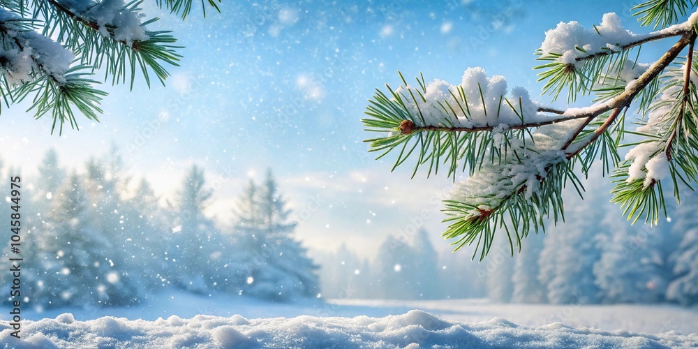 Snowy winter landscape with pine branches panoramic Snowy winter landscape with pine branches panoramic
