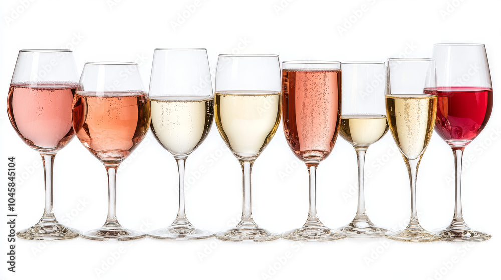 A set of red, white, rosé, and champagne wine glasses and goblets, isolated against a white background. Perfect for showcasing designs or artwork. A set of red, white, rosé, and champagne wine glasses and goblets, isolated against a white background. Perfect for showcasing designs or artwork.