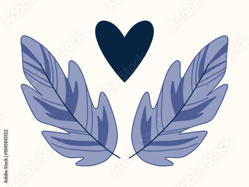 Two blue bird feathers and a heart on a beige background. Birds, flight, postcard. Vector illustration