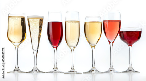 A set of red, white, rosé, and champagne wine glasses and goblets, isolated against a white background. Perfect for showcasing designs or artwork.