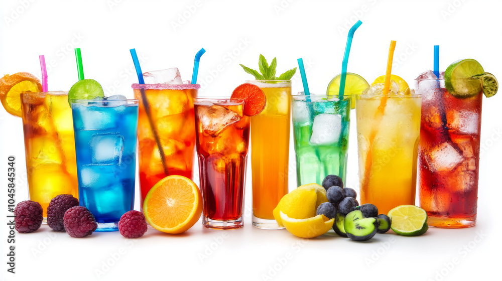A variety of colorful non-alcoholic drinks, arranged and ready to be enjoyed. A variety of colorful non-alcoholic drinks, arranged and ready to be enjoyed.