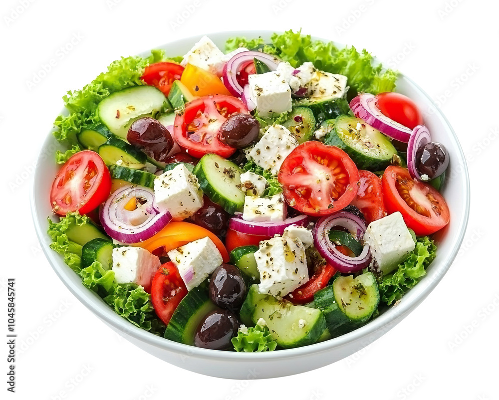 Delicious Greek salad with fresh vegetables, olives, and feta cheese, isolated on transparent cutout background
