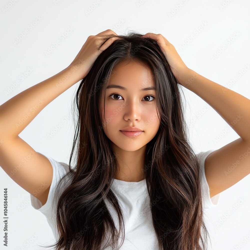 Fototapeta premium Woman fixes hair, white background.