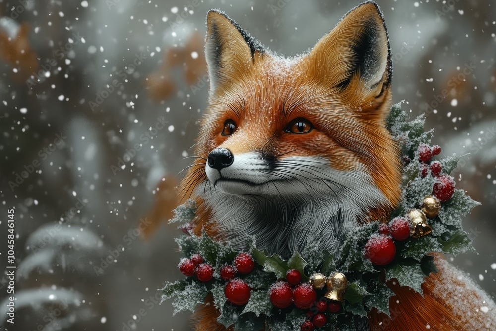 Fox Portrait with Holiday Decoration in Snowy Landscape Fox Portrait with Holiday Decoration in Snowy Landscape