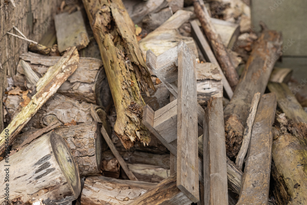 Pile of old and weathered wooden logs and planks stacked outdoors in a rustic environment. Concept of natural decay, recycling materials, and wood textures in nature Pile of old and weathered wooden logs and planks stacked outdoors in a rustic environment. Concept of natural decay, recycling materials, and wood textures in nature