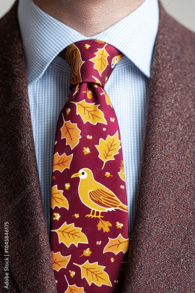 Close-up of a stylish tie featuring bird and leaf patterns on a person in a suit with a blue shirt.
