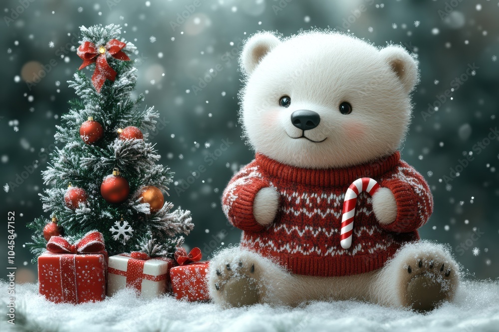 Cute Polar Bear with Holiday Decorations and Gifts Cute Polar Bear with Holiday Decorations and Gifts