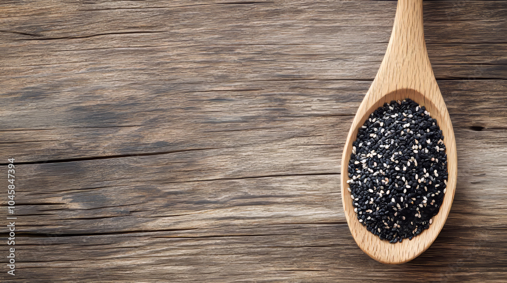 A wooden spoon holds both black and white sesame seeds against a natural wood backdrop. There's plenty of room for text or images. A wooden spoon holds both black and white sesame seeds against a natural wood backdrop. There's plenty of room for text or images.