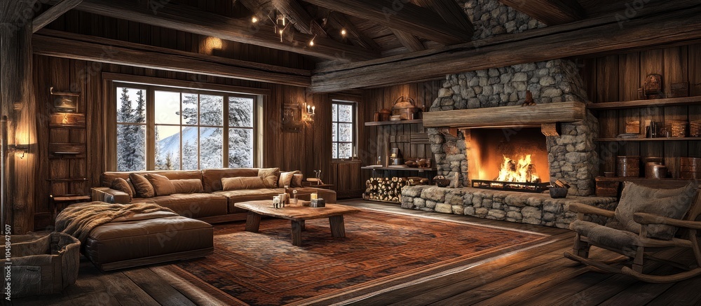 Cozy living room with fireplace, wood-beamed ceiling and large window overlooking snowy landscape.