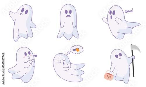 Cute Halloween ghost icons with various expressions, Vector