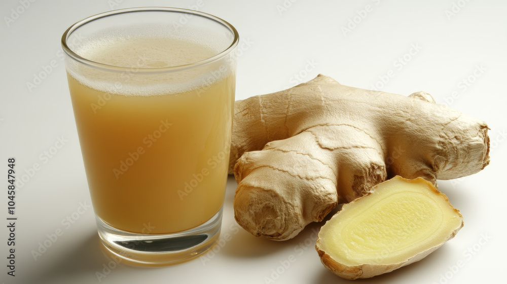 A piece of ginger and a glass of ginger juice, both shown against a plain white backdrop. A piece of ginger and a glass of ginger juice, both shown against a plain white backdrop.