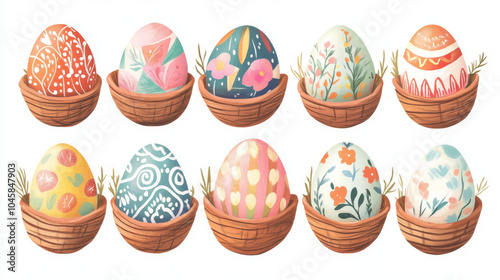 A set of colorful, hand-painted Easter eggs in a basket. Each egg has a unique design. This image is perfect for creating artwork or designs.