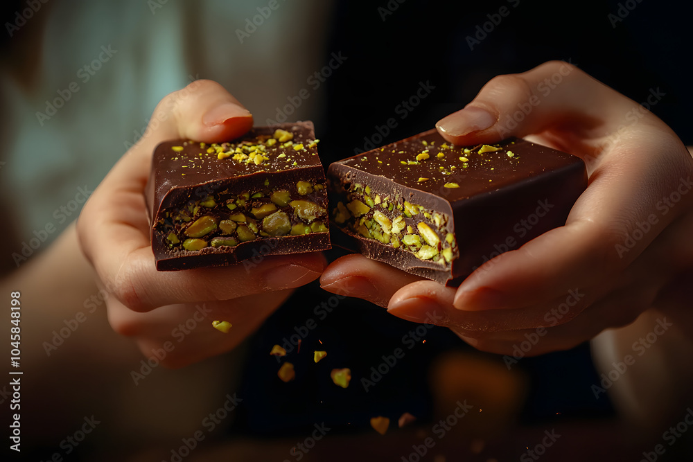 Hands holding a chocolate with pistachio filling. Person breaking in two a bog bar of chocolate