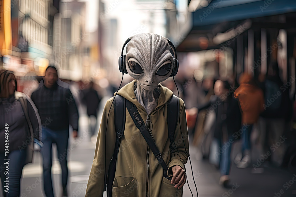 An urban extraterrestrial walking on the street An urban extraterrestrial walking on the street