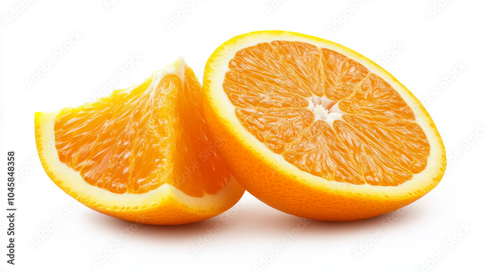 A half orange, cut in slices, is set against a plain white background. A half orange, cut in slices, is set against a plain white background.