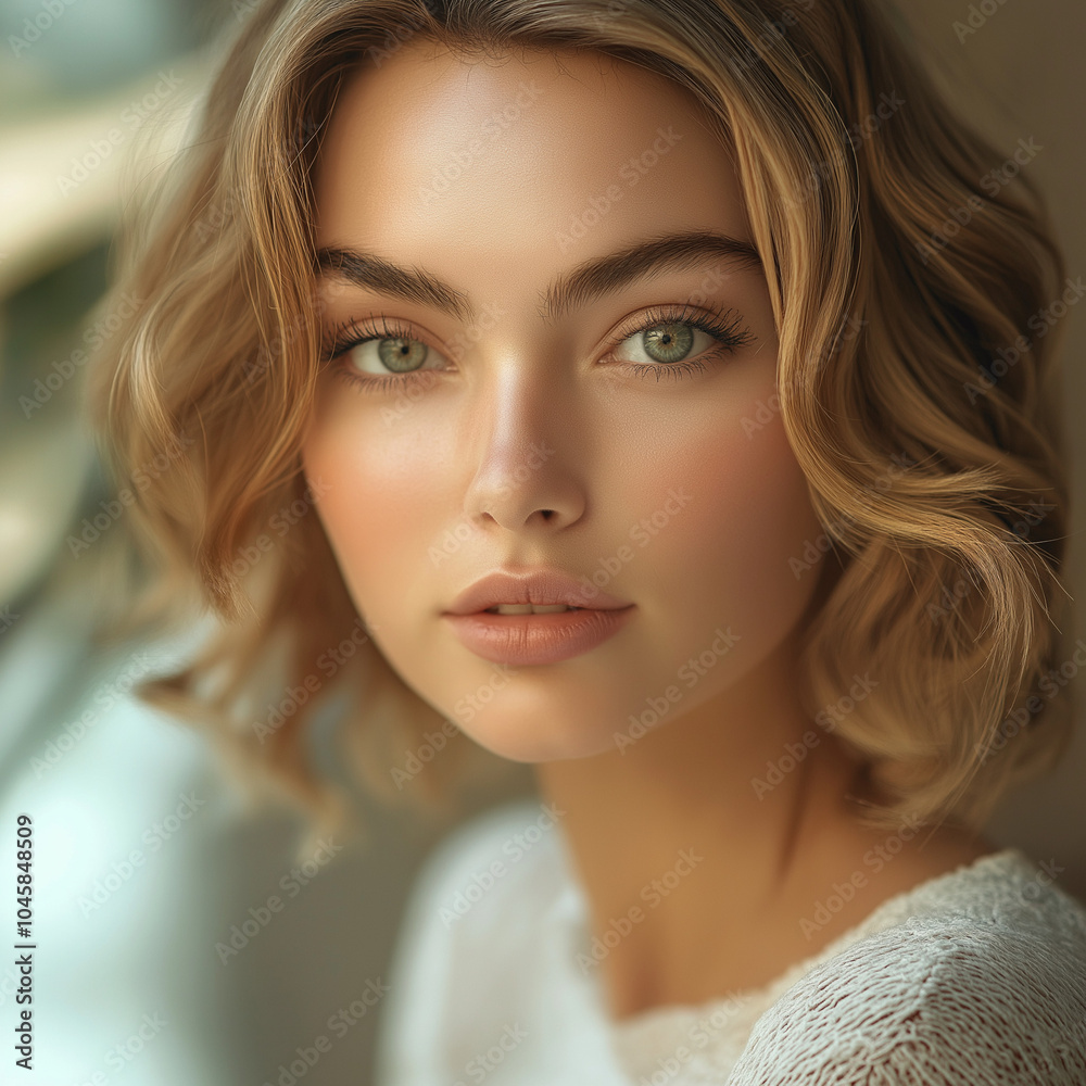 Naklejka premium Close-up of a woman in a serene spa, glowing skin highlighted by soft light. Her youthful complexion and calm expression exude rejuvenation, with a blurred background emphasizing her radiance
